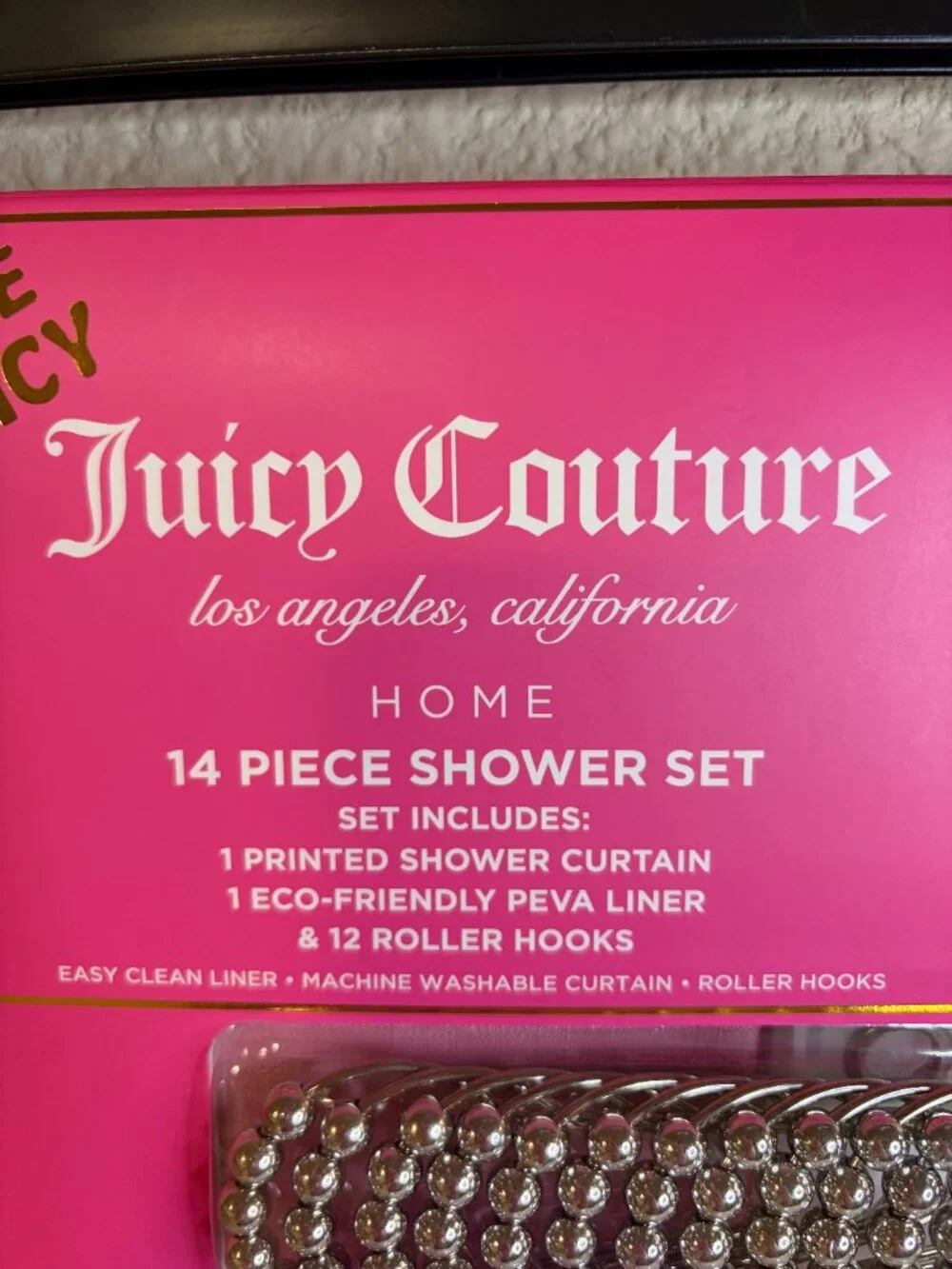 Juicy Couture Hot Pink Ombre Shower Curtain Set Liner Hooks 14 Pc NWT